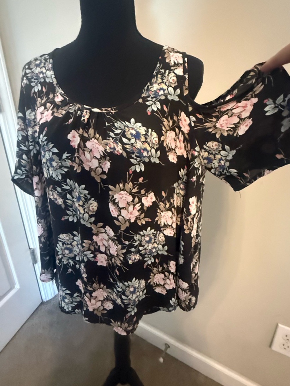 Lush Black Floral Cold-Shoulder Blouse with Pink and Green Accents